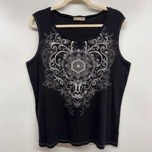 Vintage Blue Canyon Clothing‎ Women's Black Tank Top Embellished Graphic XL Y2K